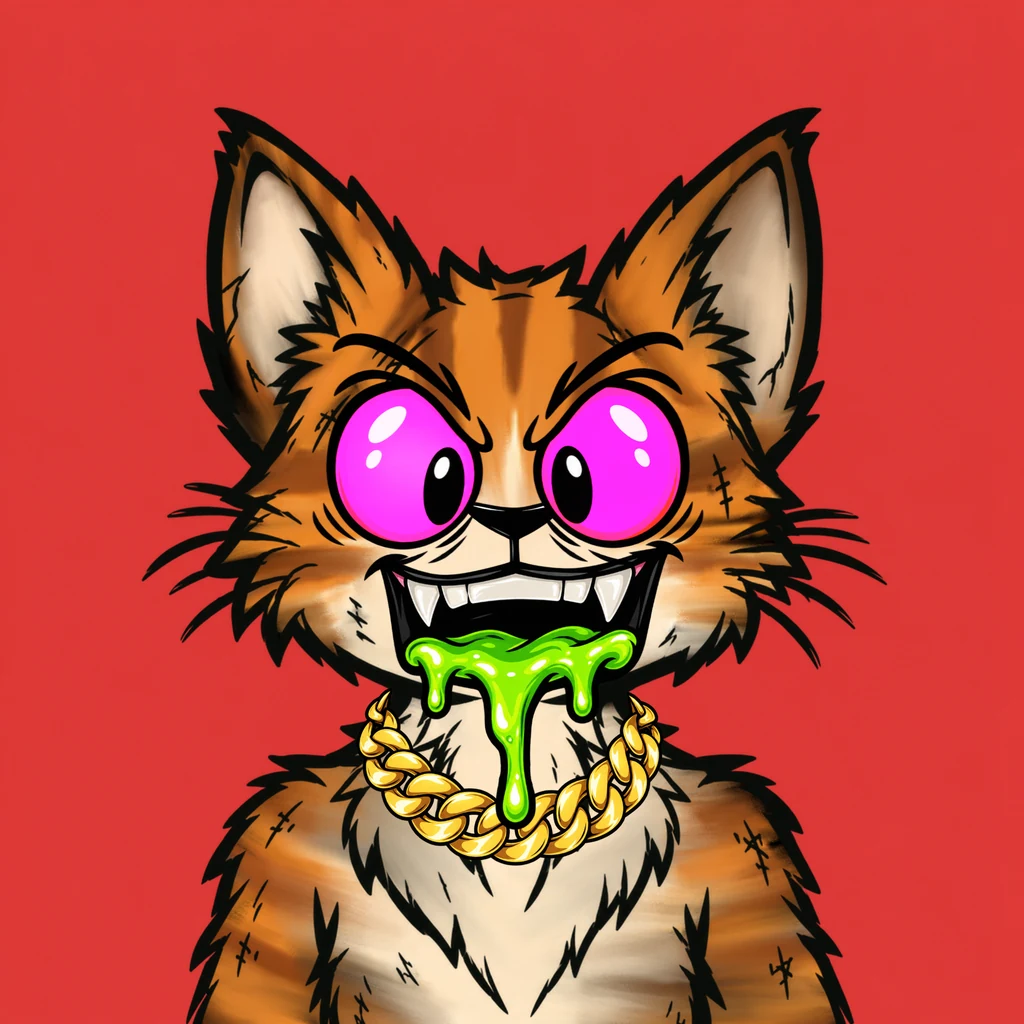 Orange cat with pink eyes and green slime smile
