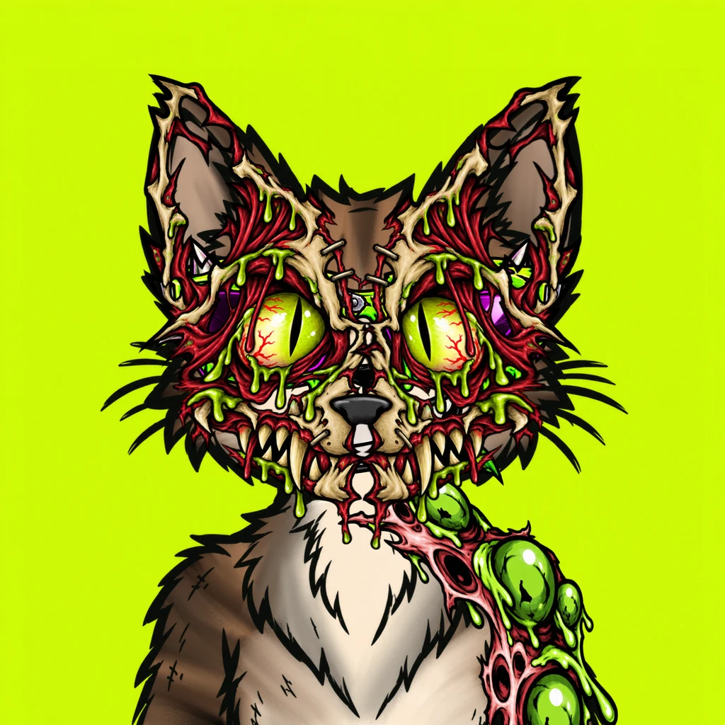 Cat with exposed mutant features against a lime backdrop